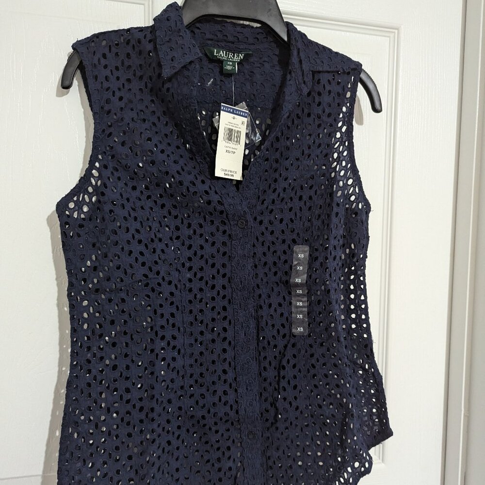 NWT Ralph Lauren Navy Blue Eyelet Sleeveless Button Down Cotton Shirt Sz XS